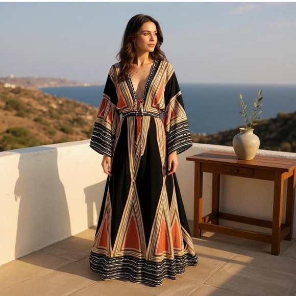 ONE CLOTHING CO boho maxi dress rayon plunge neckline bell sleeves women’s small - Picture 6 of 16